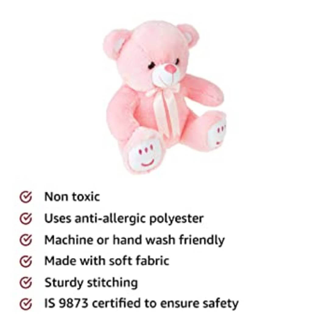 Cute Sitting Teddy Bear Soft Toys with Neck Bow and Foot Print, Pink 3 –